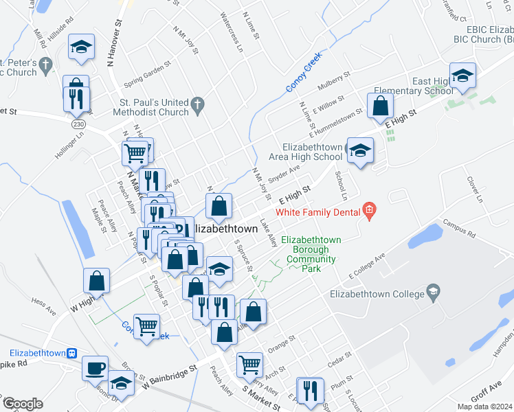 map of restaurants, bars, coffee shops, grocery stores, and more near 335 East High Street in Elizabethtown