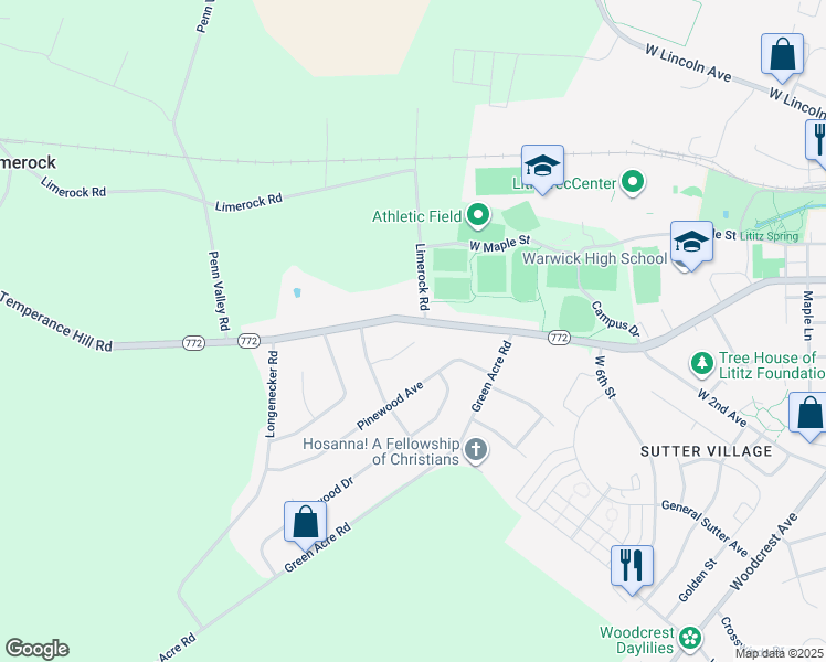 map of restaurants, bars, coffee shops, grocery stores, and more near 9 Stoneridge Lane in Lititz