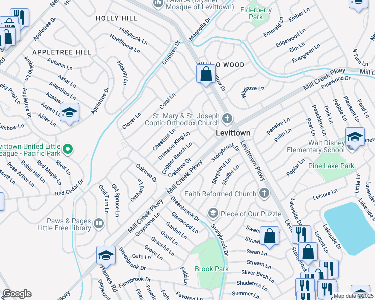map of restaurants, bars, coffee shops, grocery stores, and more near 40 Copper Beech Lane in Levittown