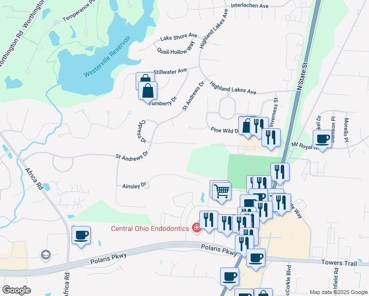 map of restaurants, bars, coffee shops, grocery stores, and more near 5606 Cypress Court in Westerville