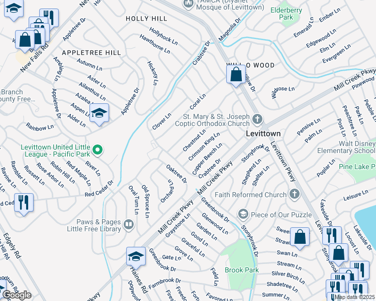 map of restaurants, bars, coffee shops, grocery stores, and more near 16 Chestnut Lane in Levittown
