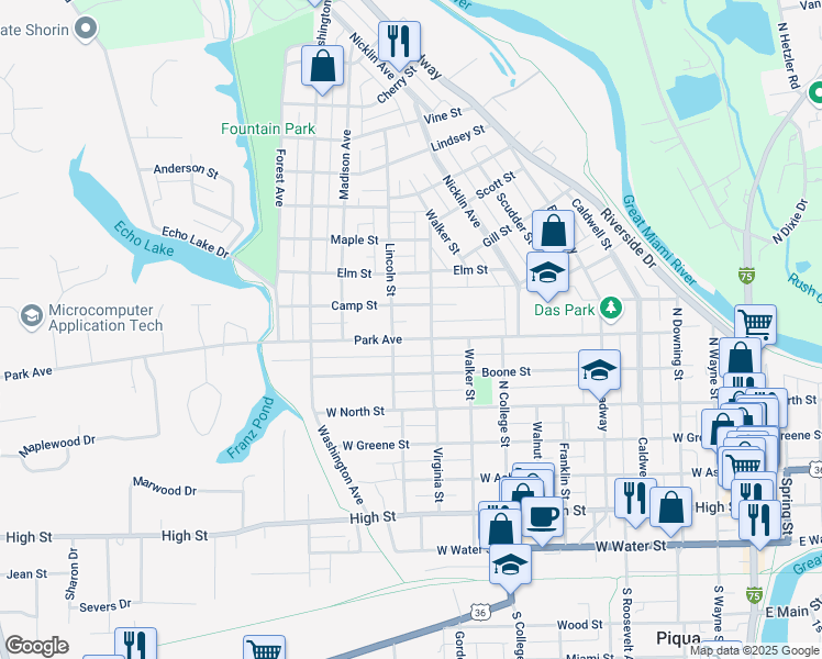 map of restaurants, bars, coffee shops, grocery stores, and more near 929 Park Avenue in Piqua
