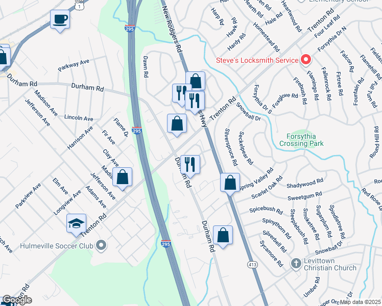 map of restaurants, bars, coffee shops, grocery stores, and more near 67 Sandybrook Drive in Langhorne