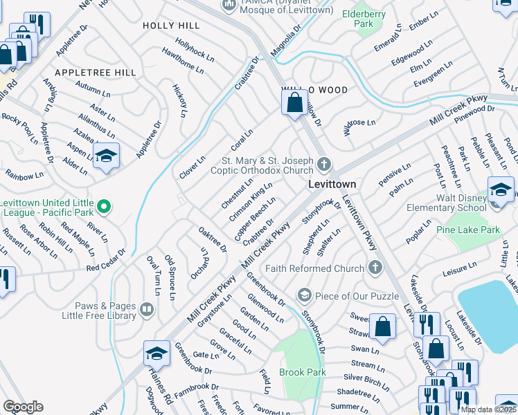 map of restaurants, bars, coffee shops, grocery stores, and more near 33 Copper Beech Lane in Levittown