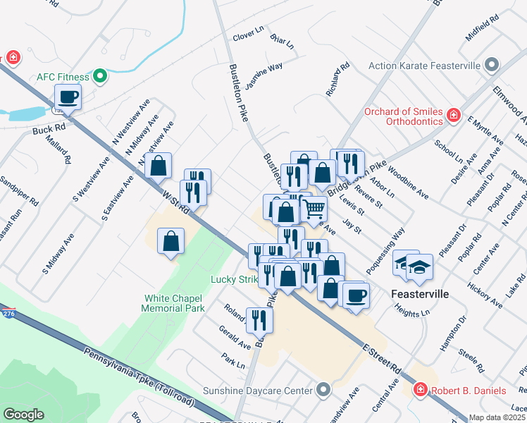 map of restaurants, bars, coffee shops, grocery stores, and more near 1134 Bustleton Pike in Feasterville-Trevose
