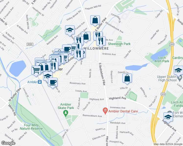 map of restaurants, bars, coffee shops, grocery stores, and more near 330 Mattison Avenue in Ambler