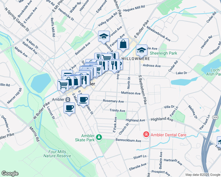 map of restaurants, bars, coffee shops, grocery stores, and more near 211 Mattison Avenue in Ambler
