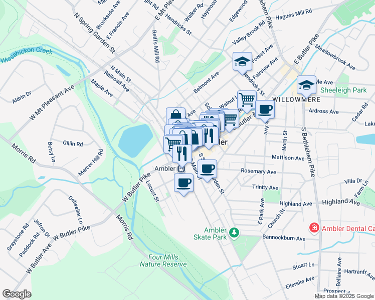map of restaurants, bars, coffee shops, grocery stores, and more near 14 East Butler Avenue in Ambler