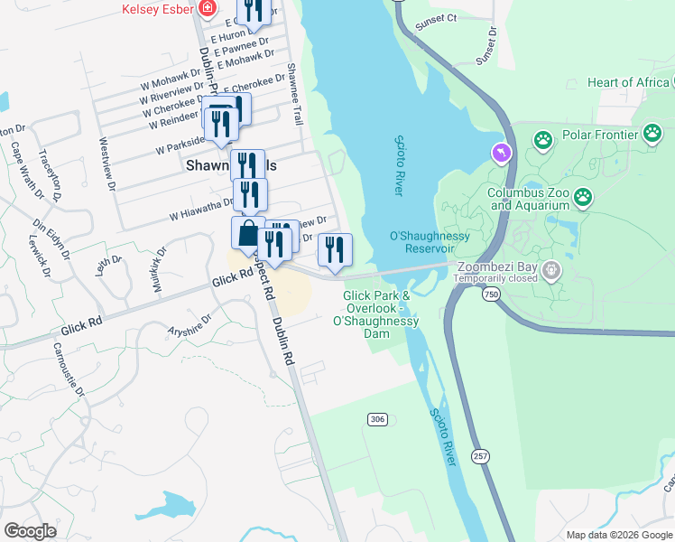 map of restaurants, bars, coffee shops, grocery stores, and more near 5925 Glick Road in Powell