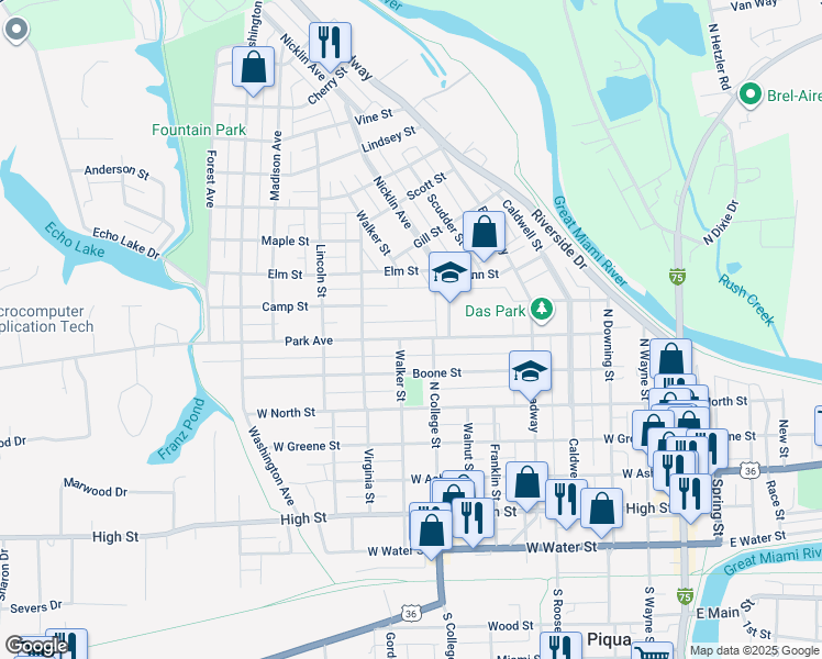 map of restaurants, bars, coffee shops, grocery stores, and more near 745 Park Avenue in Piqua