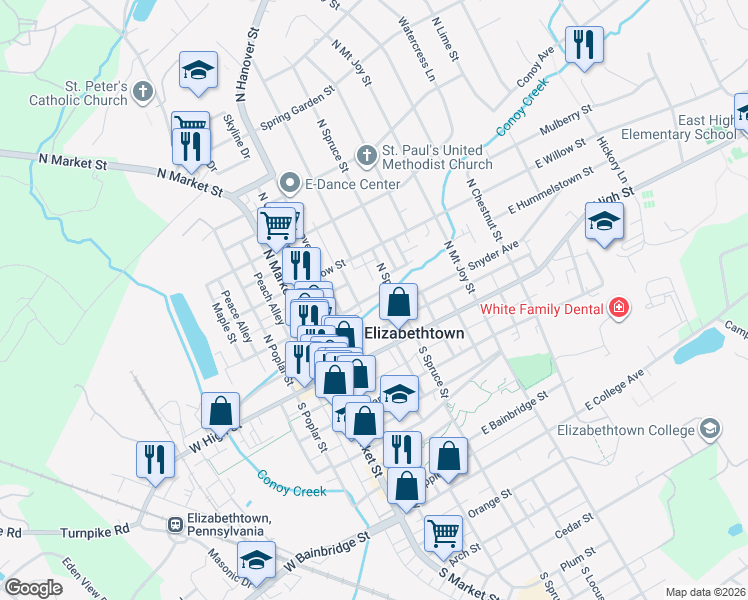 map of restaurants, bars, coffee shops, grocery stores, and more near 150 East Hummelstown Street in Elizabethtown