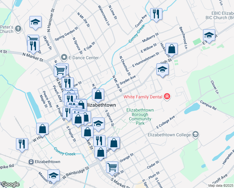 map of restaurants, bars, coffee shops, grocery stores, and more near 347 East High Street in Elizabethtown