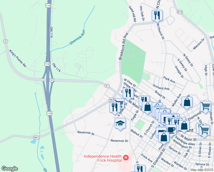 map of restaurants, bars, coffee shops, grocery stores, and more near 2111 West Main Street in Mount Pleasant