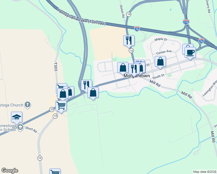 map of restaurants, bars, coffee shops, grocery stores, and more near 2940 South Street in Morgantown