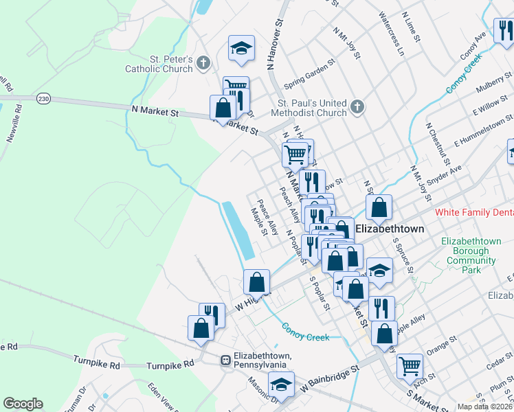 map of restaurants, bars, coffee shops, grocery stores, and more near 208 Maple Street in Elizabethtown