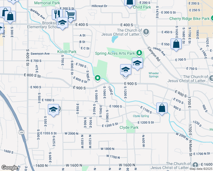 map of restaurants, bars, coffee shops, grocery stores, and more near 1078 East 900 South in Springville