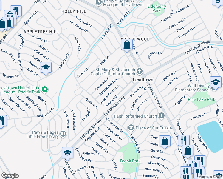 map of restaurants, bars, coffee shops, grocery stores, and more near 33 Copper Beech Lane in Levittown