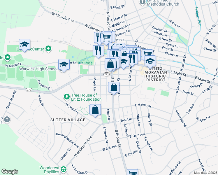 map of restaurants, bars, coffee shops, grocery stores, and more near 136 South Broad Street in Lititz