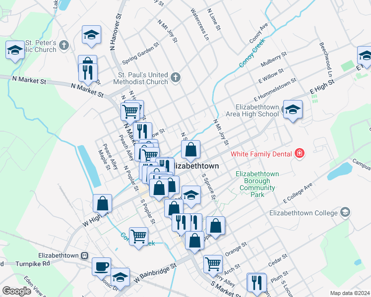 map of restaurants, bars, coffee shops, grocery stores, and more near 58 North Spruce Street in Elizabethtown