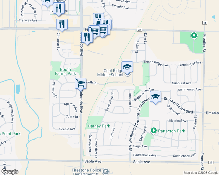 map of restaurants, bars, coffee shops, grocery stores, and more near 10522 Taylor Avenue in Longmont