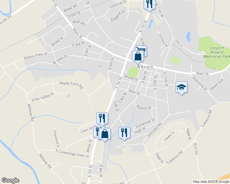 map of restaurants, bars, coffee shops, grocery stores, and more near 215 South 7th Street in Akron
