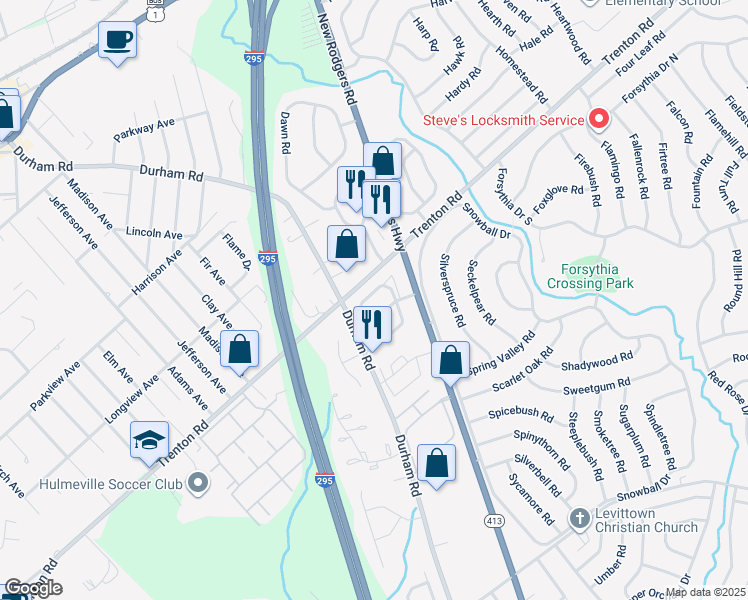 map of restaurants, bars, coffee shops, grocery stores, and more near 67 Sandybrook Drive in Langhorne