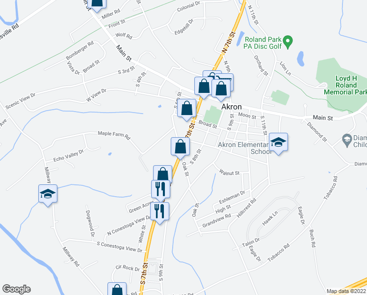 map of restaurants, bars, coffee shops, grocery stores, and more near 213 South 7th Street in Akron
