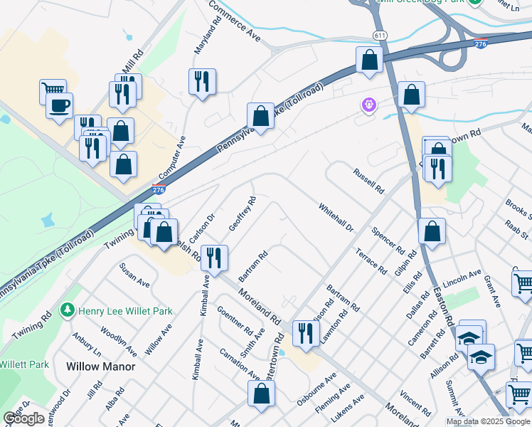 map of restaurants, bars, coffee shops, grocery stores, and more near 3505 West Moreland Road in Willow Grove