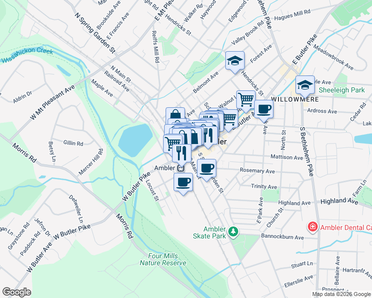 map of restaurants, bars, coffee shops, grocery stores, and more near 7 North Main Street in Ambler
