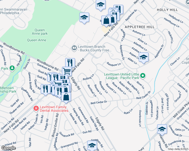 map of restaurants, bars, coffee shops, grocery stores, and more near 77 Rambler Lane in Levittown