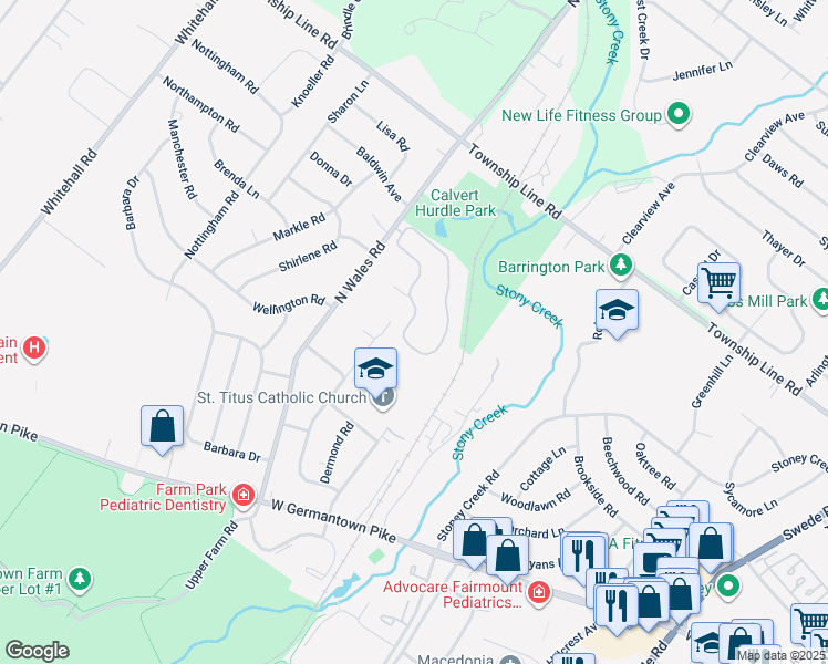 map of restaurants, bars, coffee shops, grocery stores, and more near 615 Stony Way in Norristown