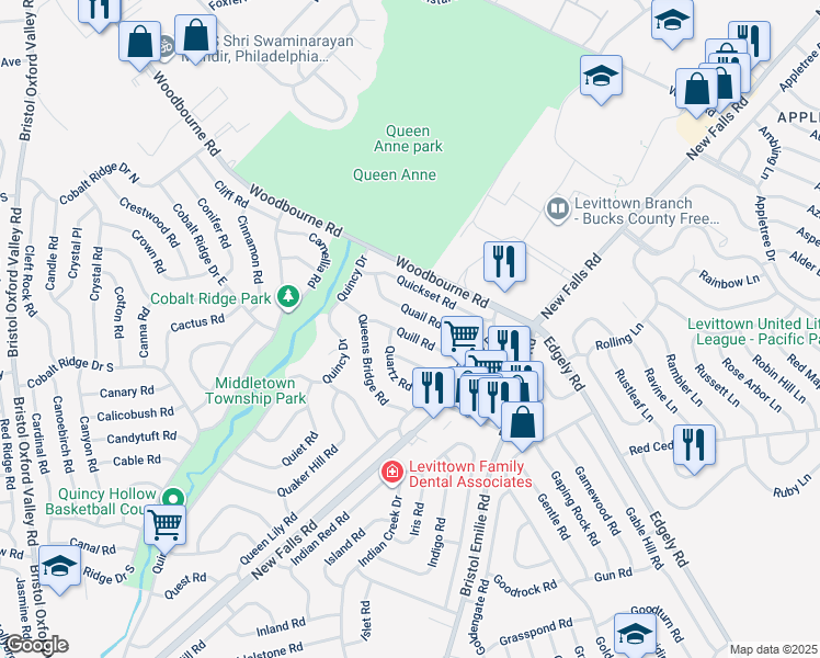 map of restaurants, bars, coffee shops, grocery stores, and more near 34 Quill Road in Levittown