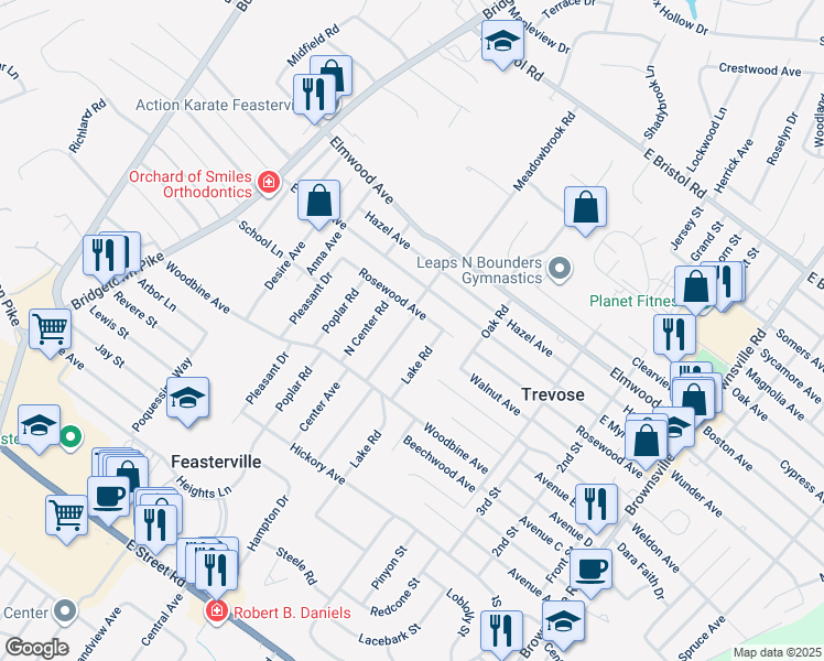 map of restaurants, bars, coffee shops, grocery stores, and more near 1609 Meadowbrook Road in Trevose