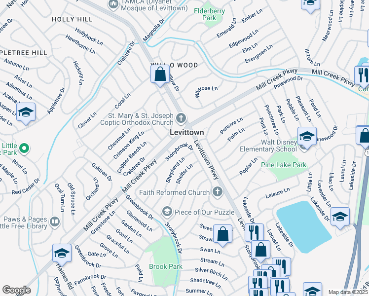 map of restaurants, bars, coffee shops, grocery stores, and more near 400 Stonybrook Drive in Levittown