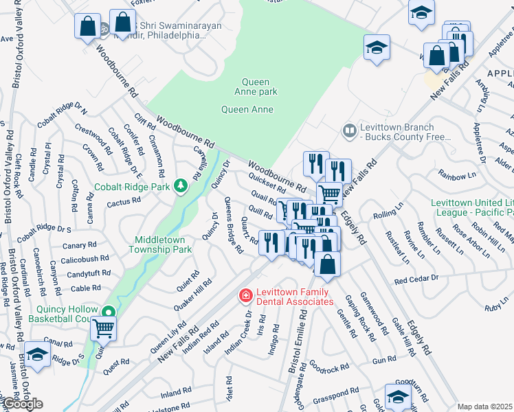 map of restaurants, bars, coffee shops, grocery stores, and more near 34 Quill Road in Levittown
