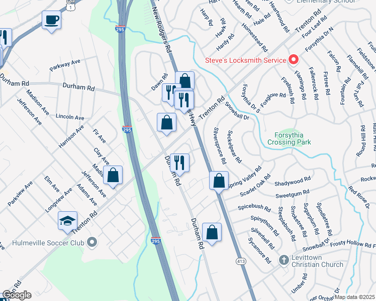 map of restaurants, bars, coffee shops, grocery stores, and more near 30 Bellaire Drive in Langhorne