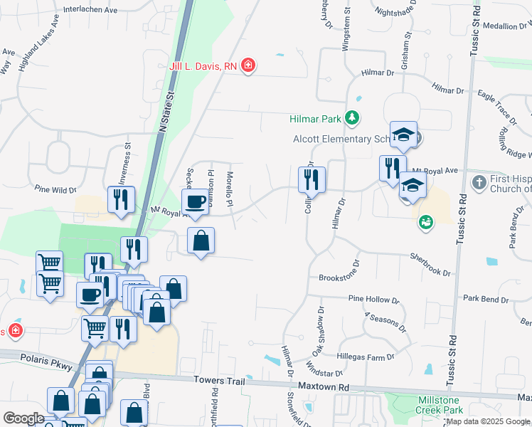 map of restaurants, bars, coffee shops, grocery stores, and more near 6538 Mount Royal Avenue in Westerville