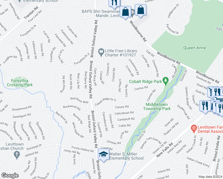 map of restaurants, bars, coffee shops, grocery stores, and more near 19 Crystal Road in Levittown