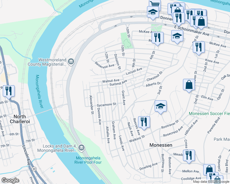 map of restaurants, bars, coffee shops, grocery stores, and more near 944 Graham Avenue in Monessen