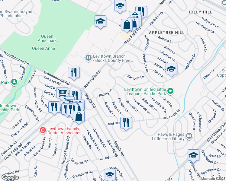 map of restaurants, bars, coffee shops, grocery stores, and more near 77 Rambler Lane in Levittown