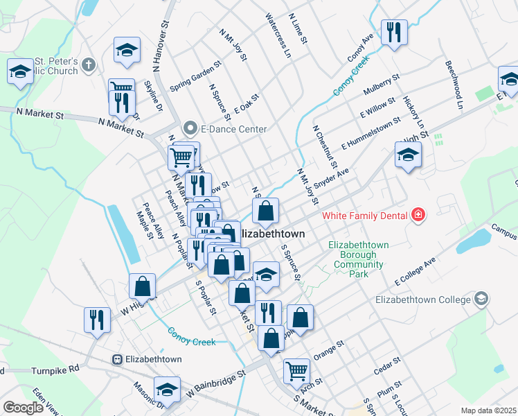 map of restaurants, bars, coffee shops, grocery stores, and more near 58 North Spruce Street in Elizabethtown