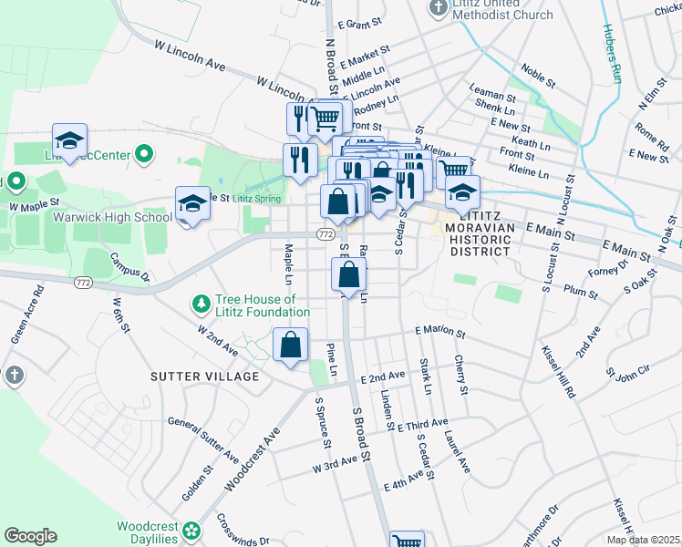 map of restaurants, bars, coffee shops, grocery stores, and more near 136 South Broad Street in Lititz