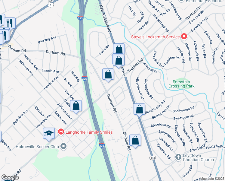 map of restaurants, bars, coffee shops, grocery stores, and more near 140 Sandybrook Drive in Langhorne
