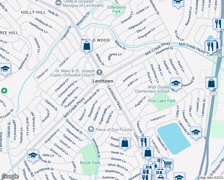 map of restaurants, bars, coffee shops, grocery stores, and more near Levittown Parkway in Fallsington