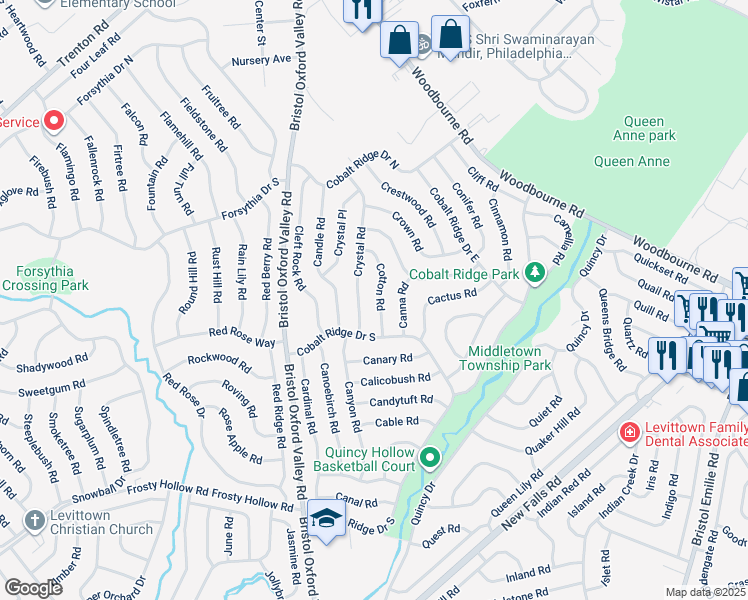 map of restaurants, bars, coffee shops, grocery stores, and more near 23 Cotton Road in Levittown