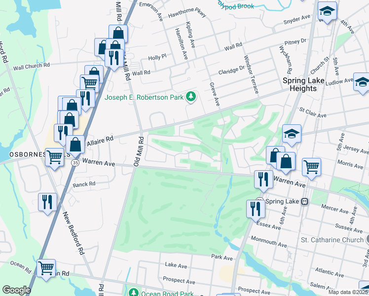 map of restaurants, bars, coffee shops, grocery stores, and more near 76 Maple Drive in Spring Lake