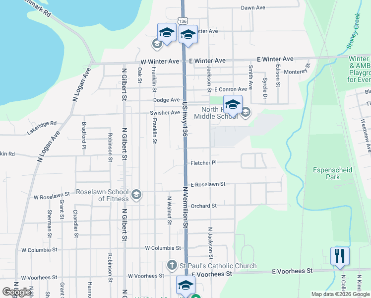 map of restaurants, bars, coffee shops, grocery stores, and more near 1631 N Vermilion St in Danville
