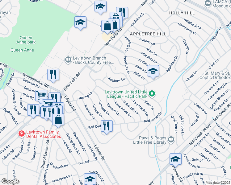 map of restaurants, bars, coffee shops, grocery stores, and more near 40 Ridge Lane in Levittown