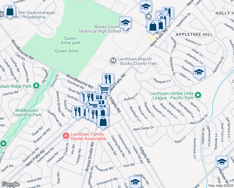 map of restaurants, bars, coffee shops, grocery stores, and more near 5 Return Lane in Levittown