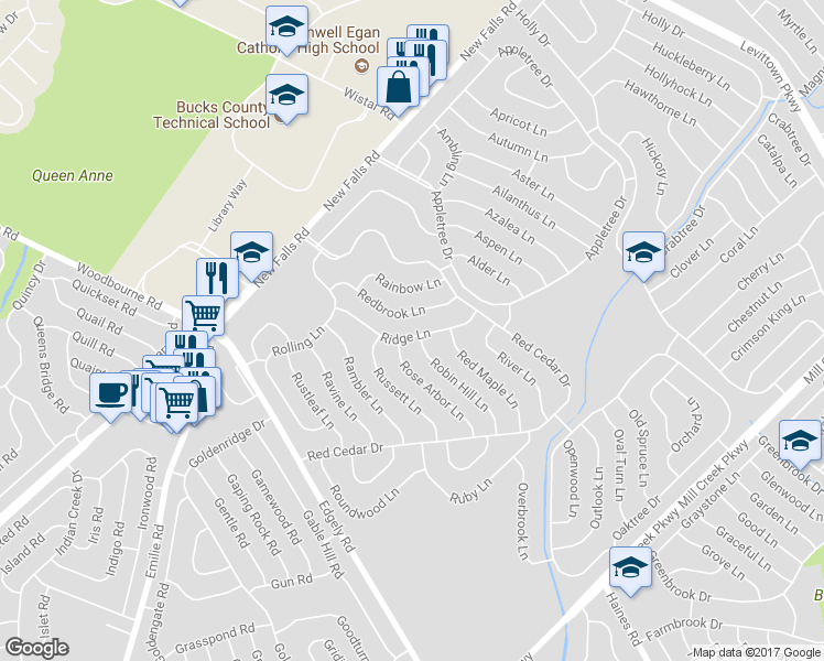 map of restaurants, bars, coffee shops, grocery stores, and more near 36 Ridge Lane in Levittown